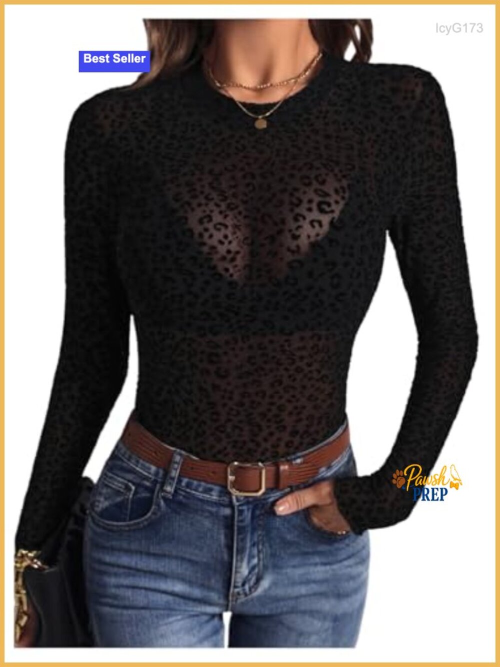 Leopard Mesh Sheer Long Sleeve Fitted Tee See Through Top